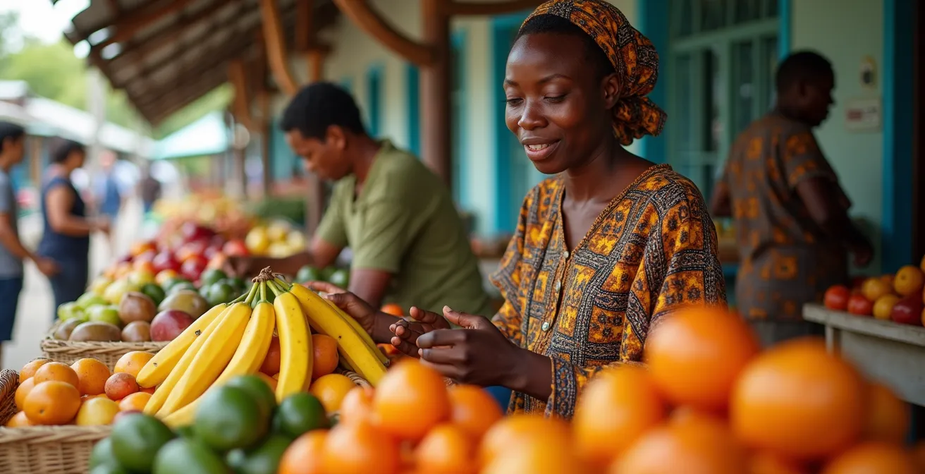 Scène de marché local aux Antilles avec interaction entre vendeurs et touristes