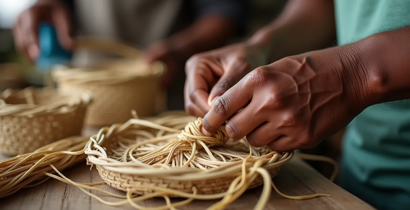 Artisan guadeloupéen tressant un panier en fibres naturelles sur son stand de marché