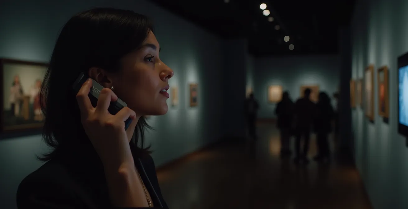 Visiteur écoutant l'audioguide dans l'obscurité de l'exposition permanente du Mémorial ACTe