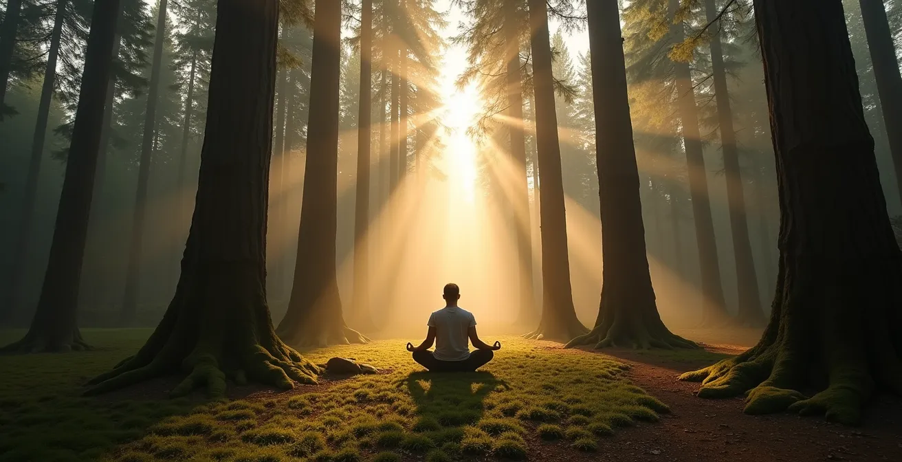 Vue large d'une clairière forestière baignée de lumière dorée avec une personne en méditation au centre