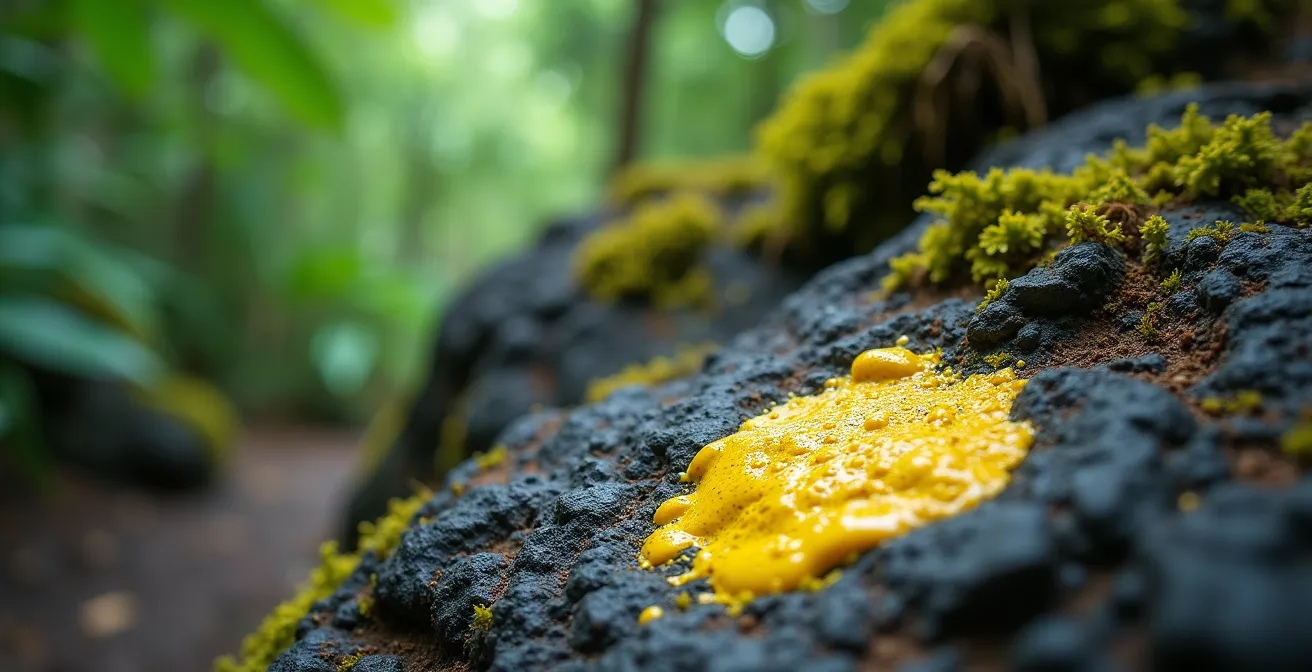 Marquage jaune sur rocher volcanique indiquant un sentier de promenade dans la forêt tropicale