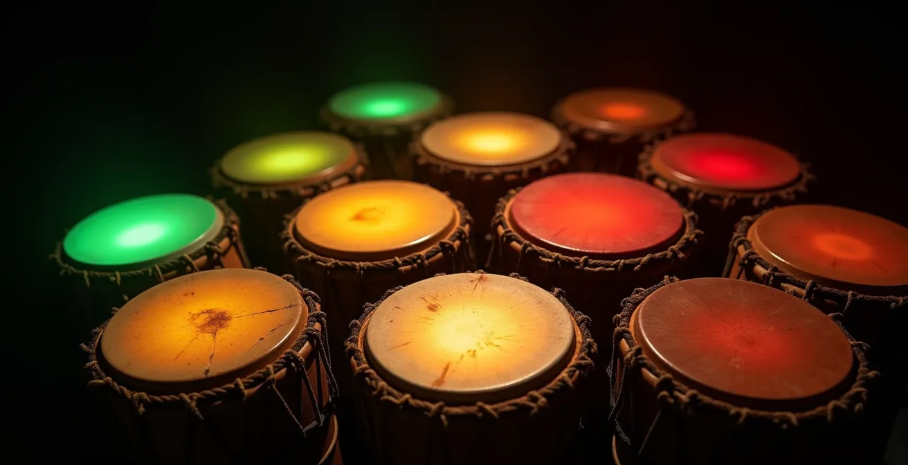 Guide visuel des sept rythmes du gwo ka avec codes couleur pour participants débutants