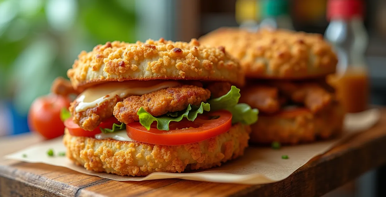 Bokit croustillant garni sur un comptoir de food truck guadeloupéen