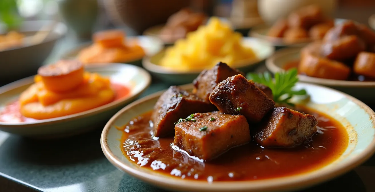 Buffet créole avec plats traditionnels guadeloupéens colorés et épices locales