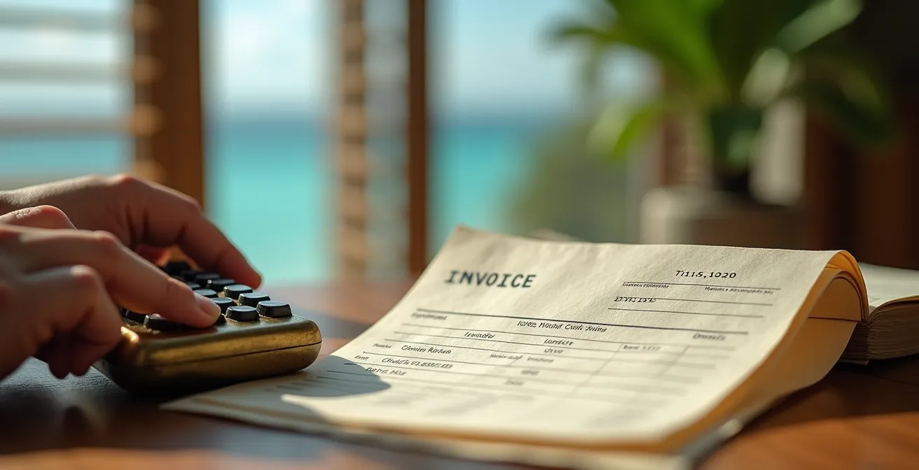 Main tenant une calculatrice devant une facture d'hôtel avec vue floue sur mer tropicale