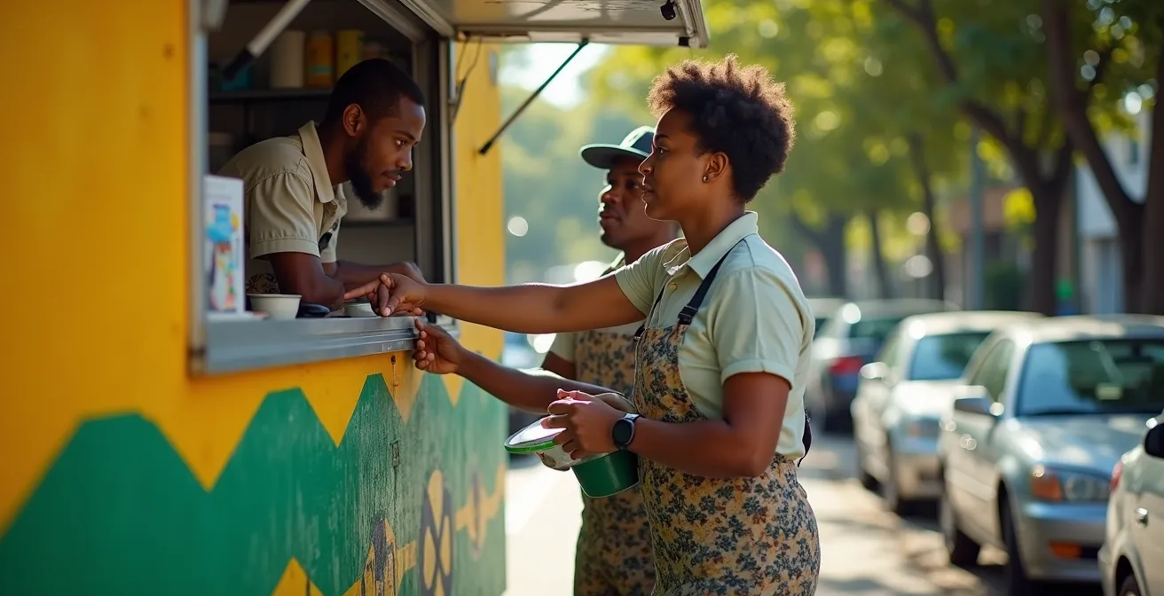 Camion-bar coloré servant des bokits avec file d'attente de travailleurs locaux en Guadeloupe