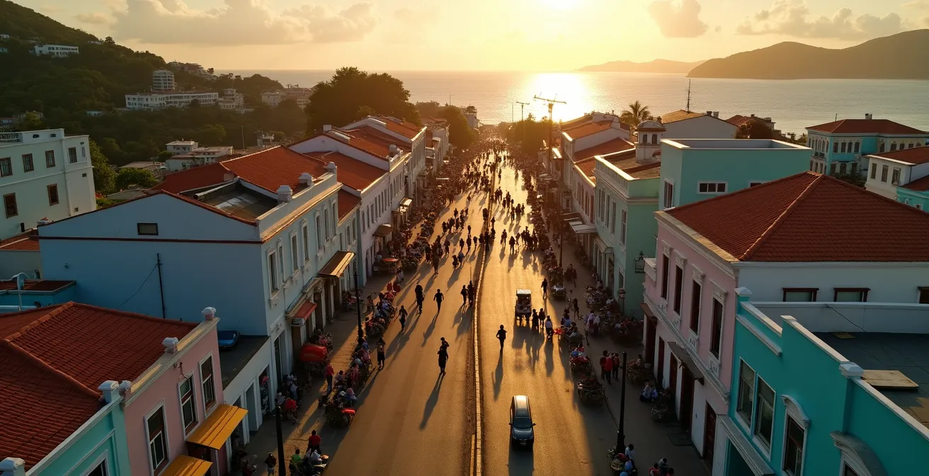 Vue aérienne du parcours du Mardi Gras à Basse-Terre avec zones colorées indiquant les différentes ambiances