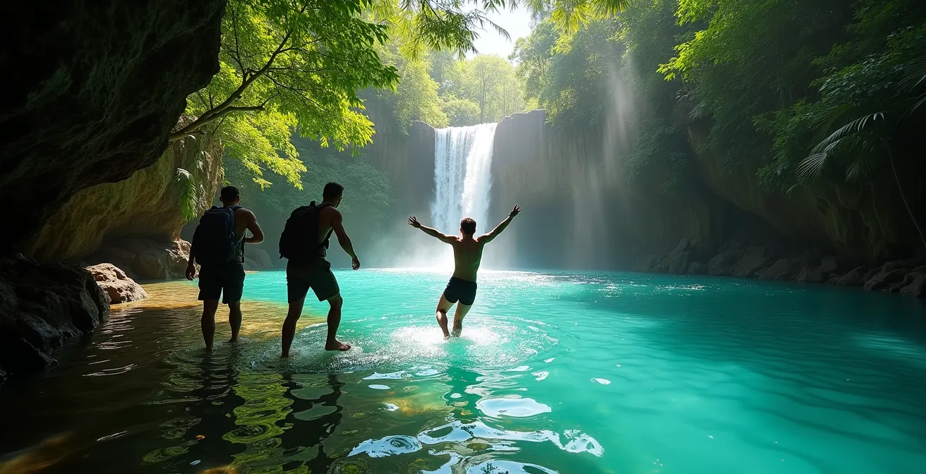 Bassin naturel turquoise entouré de végétation tropicale en Guadeloupe