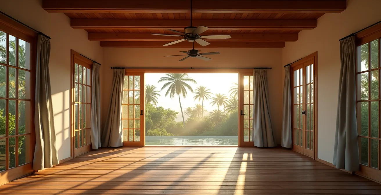 Coupe transversale d'une case créole montrant la circulation de l'air par ventilation traversante