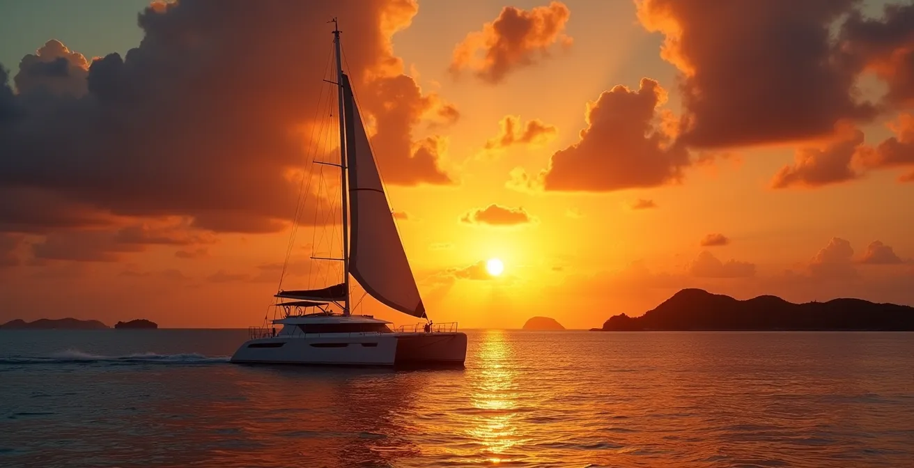 Catamaran moderne naviguant au coucher du soleil entre Marie-Galante et la Guadeloupe