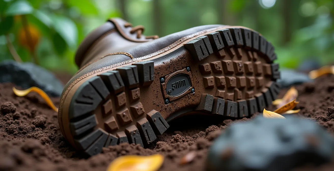 Gros plan sur des semelles de chaussures de randonnée avec crampons profonds sur terrain boueux