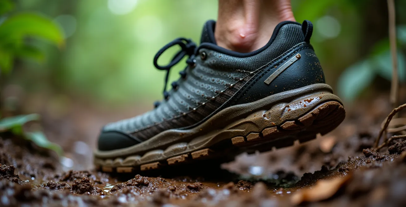Chaussures de trail sur terrain boueux avec racines en forêt tropicale