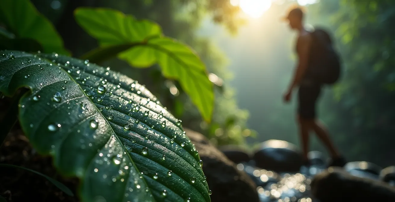 Randonneur explorant une cascade tropicale dans une forêt des Caraïbes