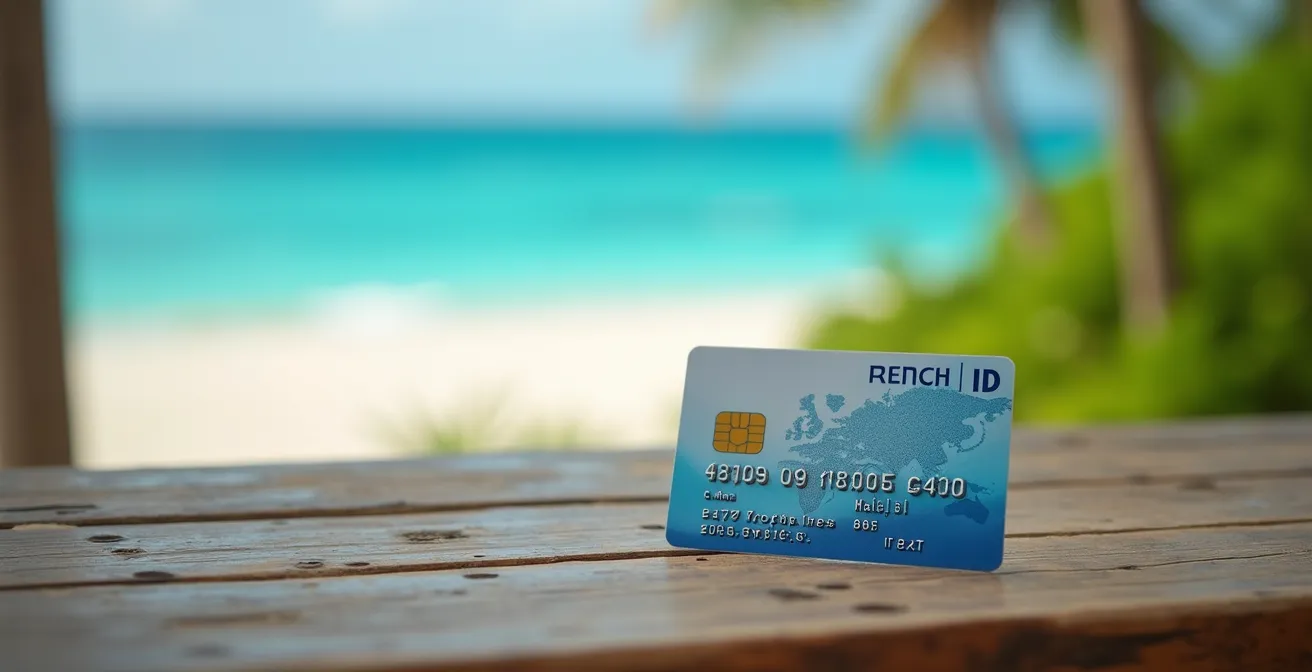 Composition photographique montrant une carte d'identité française posée sur une table en bois tropical avec vue floue sur une plage caribéenne en arrière-plan