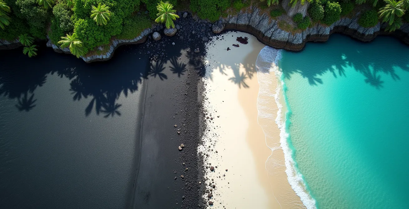 Contraste entre une plage de sable noir volcanique et un lagon turquoise aux Antilles