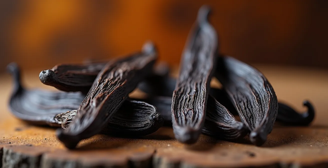 Comparaison macro entre une gousse de vanille artisanale de Guadeloupe et une gousse industrielle