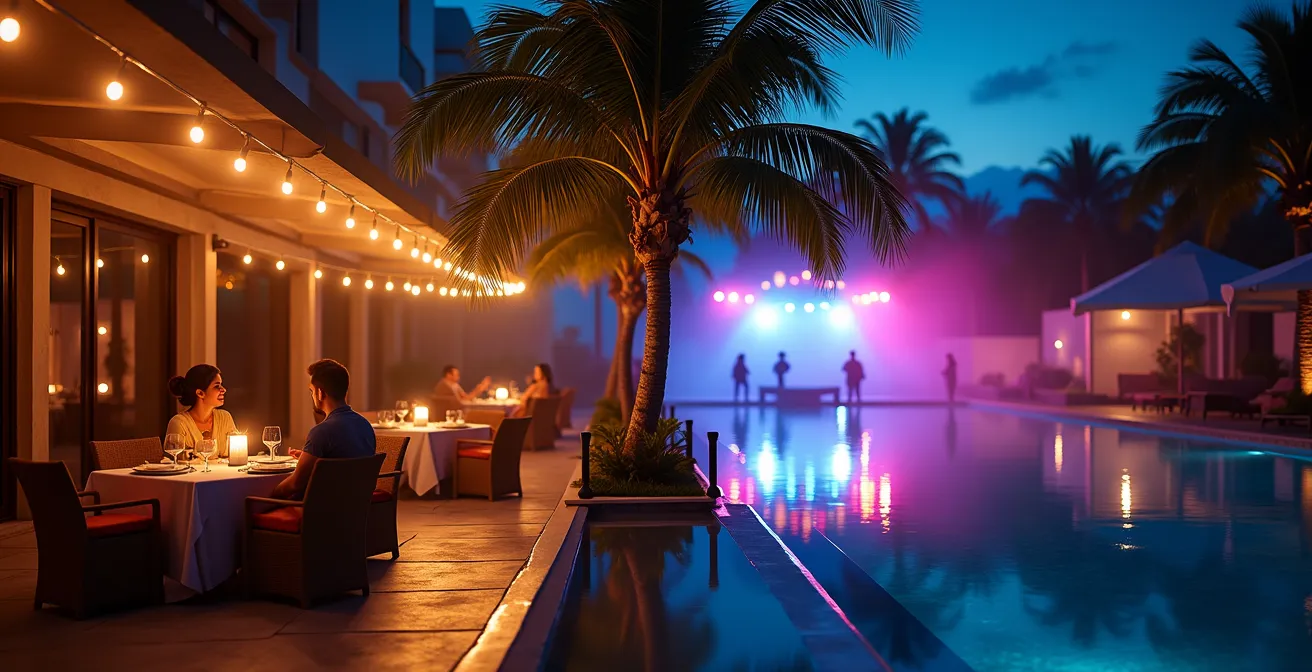 Vue nocturne partagée entre terrasse calme d'hôtel intimiste et animation de soirée club