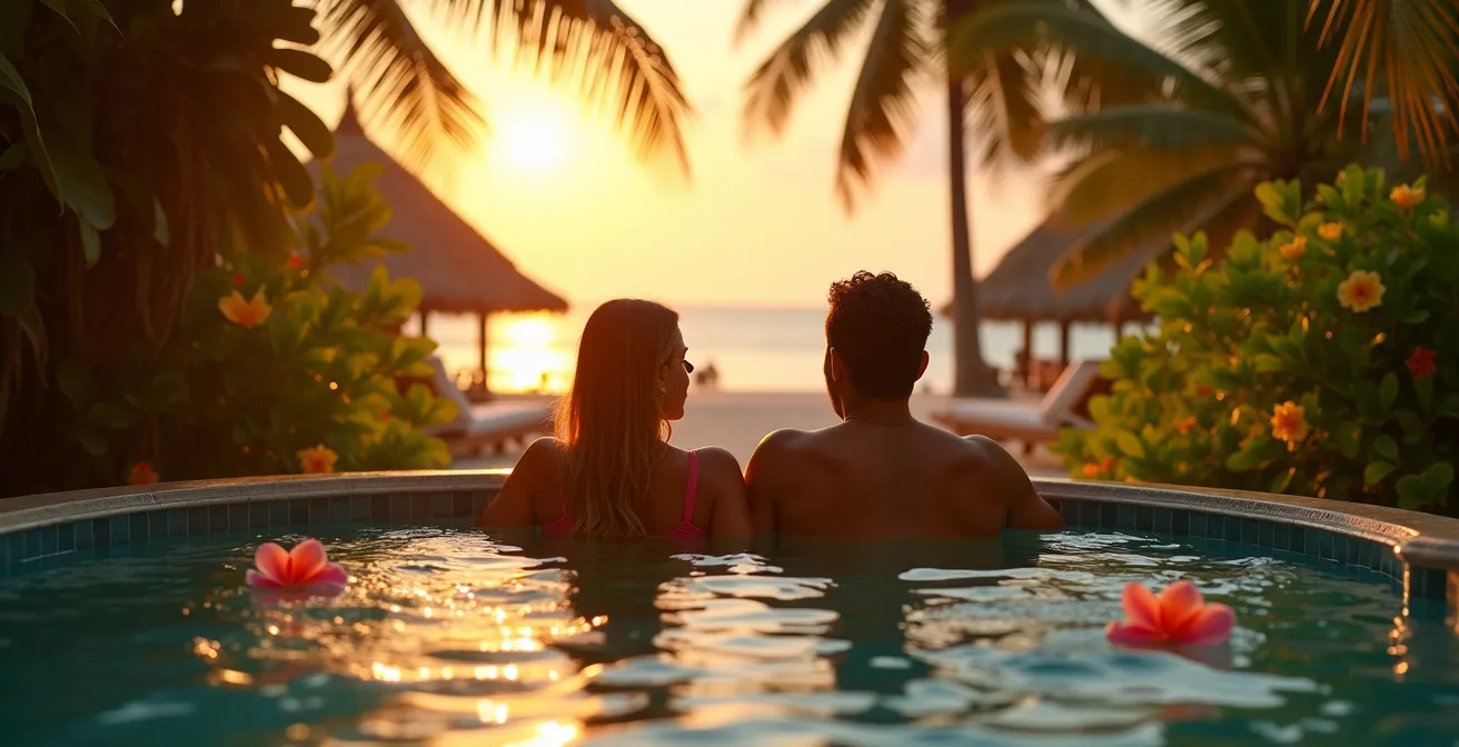Couple se relaxant dans un jacuzzi extérieur entouré de végétation tropicale au coucher du soleil