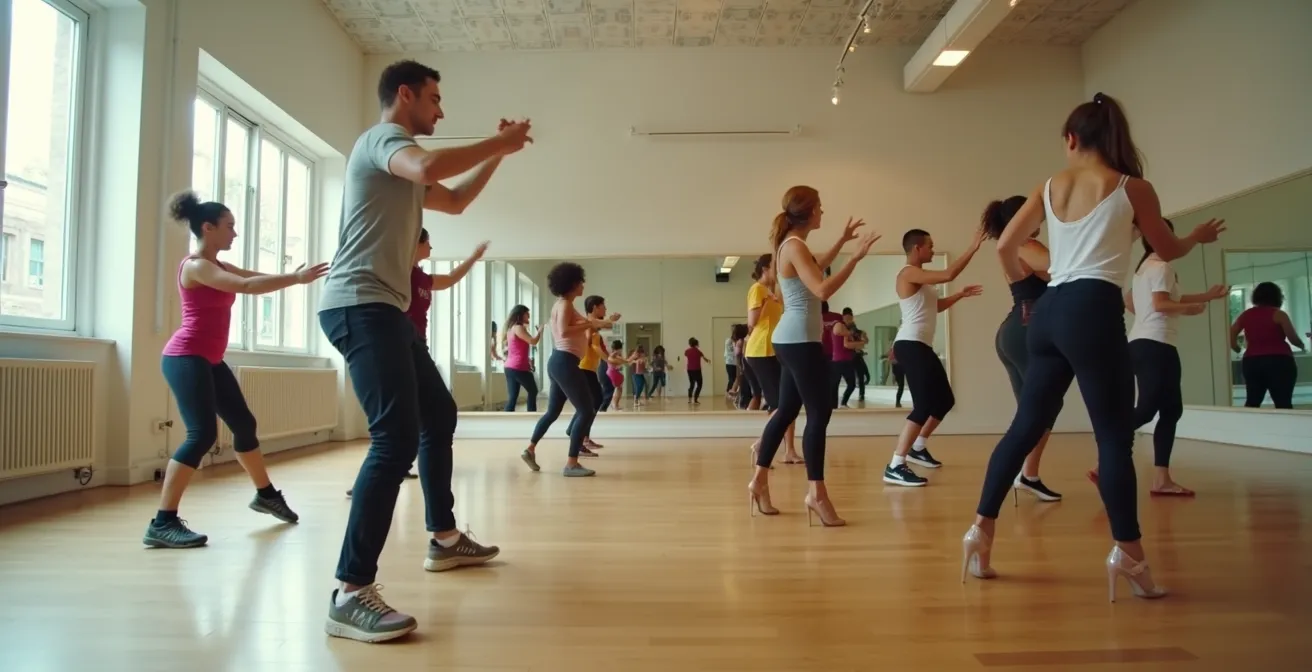 Groupe d'apprentis danseurs pratiquant les pas de base du zouk en salle
