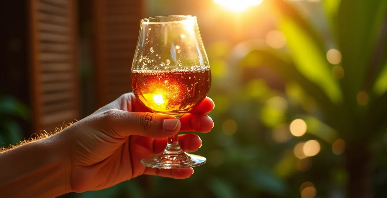 Main tenant un verre tulipe de rhum ambré avec jeu de lumière doré
