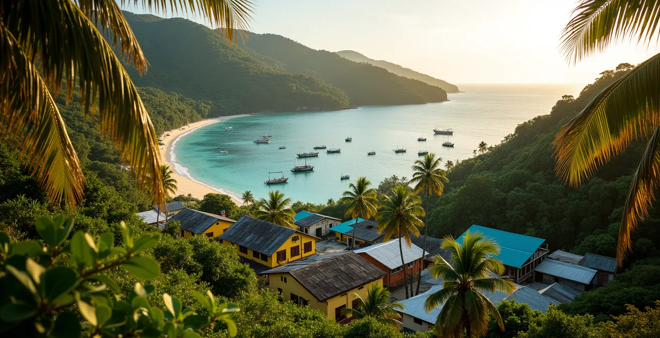 Vue aérienne de Deshaies nichée entre jungle tropicale et plages sauvages de Basse-Terre