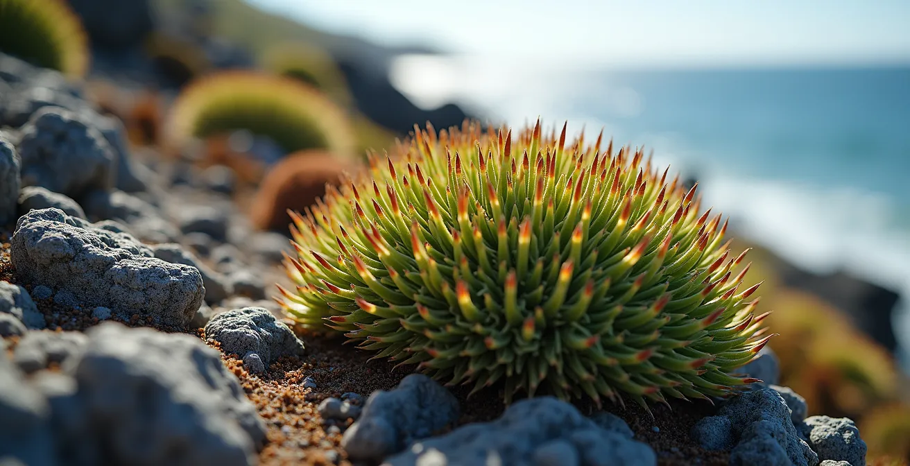Paysage sauvage de La Désirade avec falaises, végétation endémique et océan