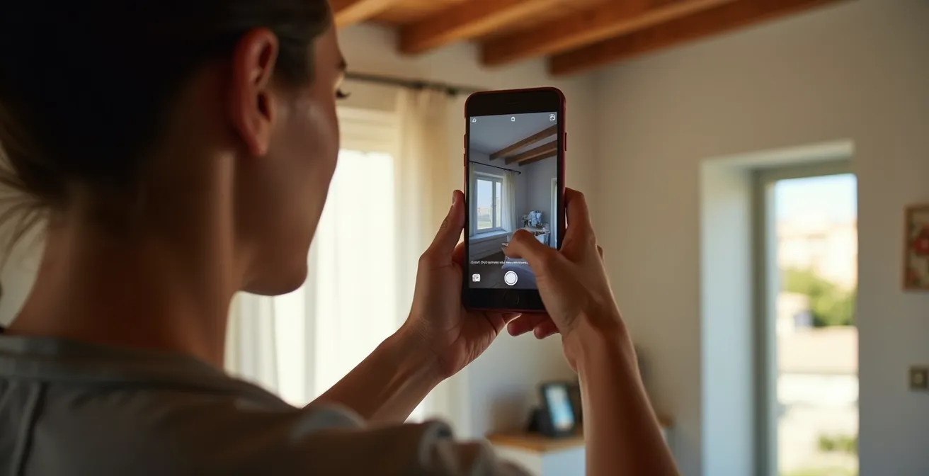 Personne photographiant méthodiquement l'intérieur d'un appartement de location avec son smartphone