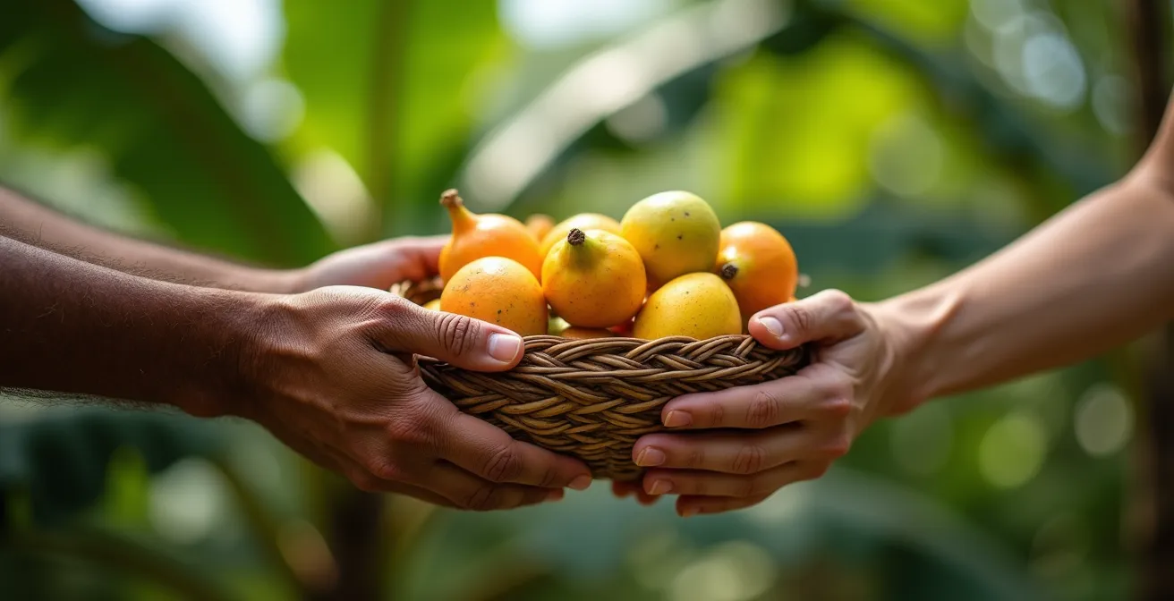 Mains échangeant un panier de fruits tropicaux dans un jardin créole