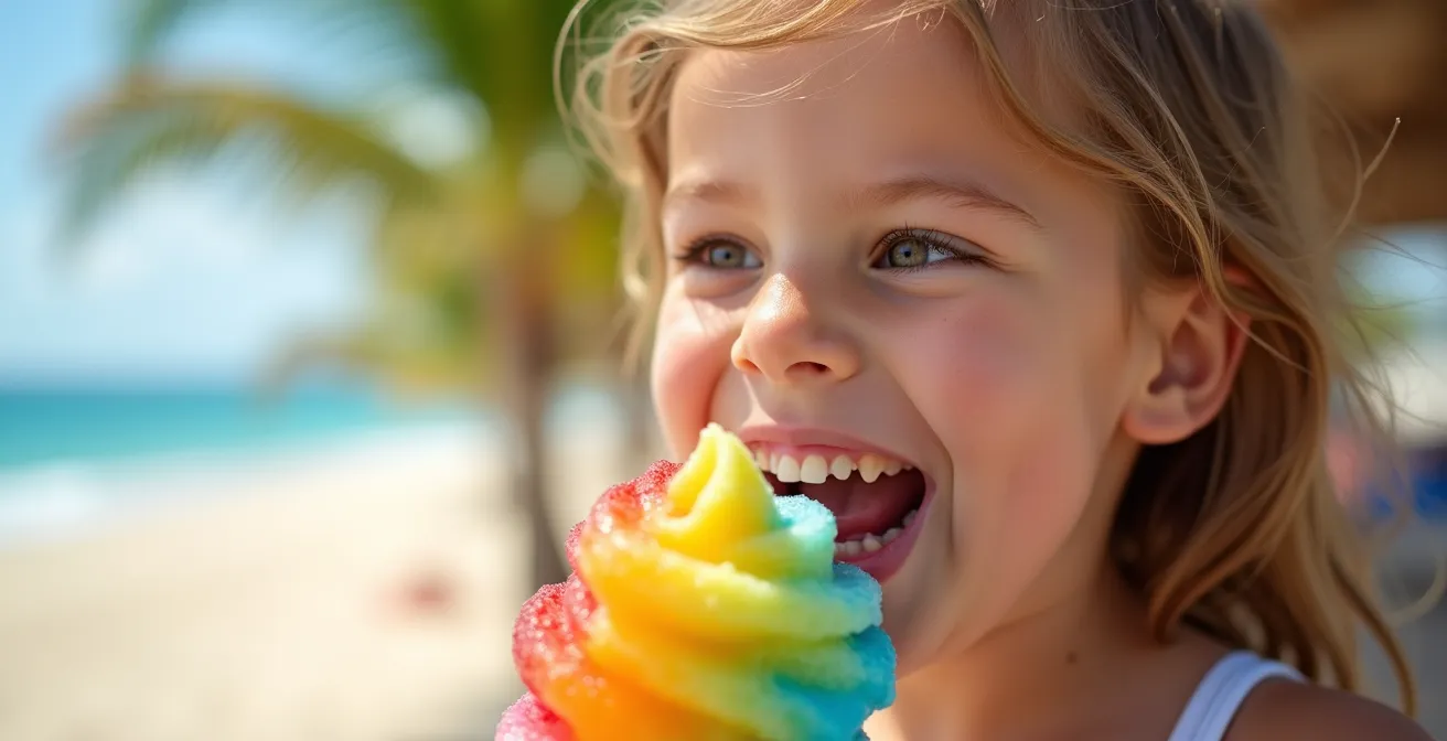 Enfant savourant un sinobol multicolore sous un parasol de plage