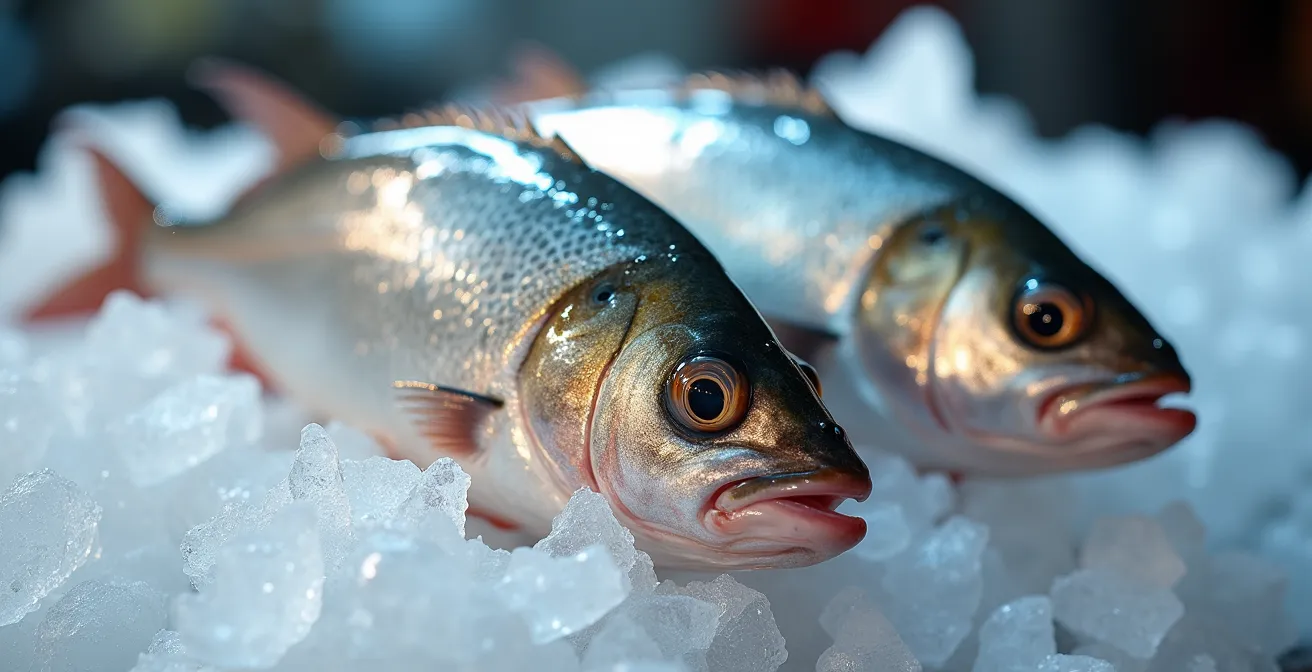 Étal de poissons frais locaux sur glace au marché guadeloupéen