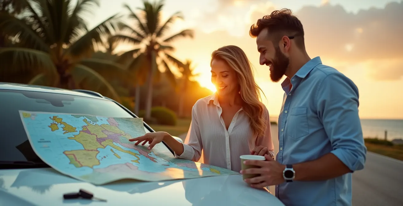 Vue aérienne stylisée montrant les flux de circulation optimisés en Guadeloupe