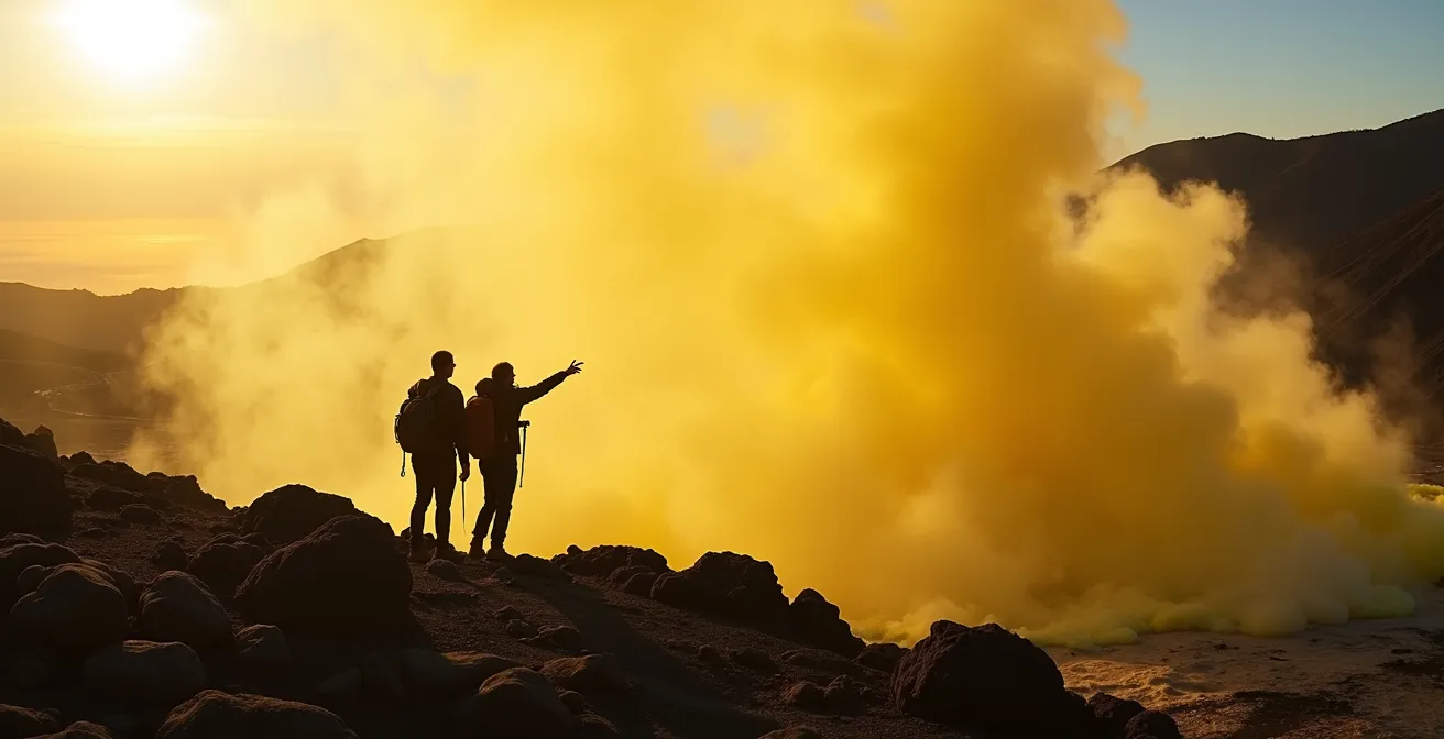 Randonneurs observant les fumerolles de la Soufrière à distance sécuritaire avec vapeurs soufrées jaunes