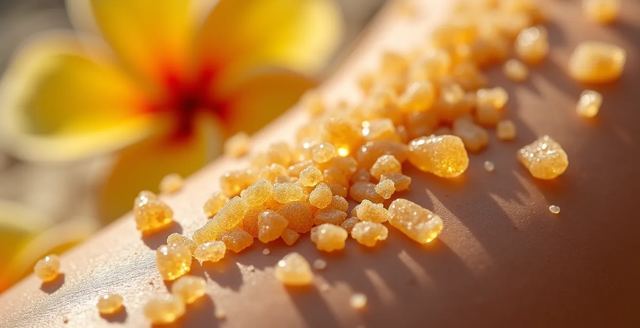 Gros plan sur une texture de sucre de canne brun mélangé à de l'huile de coco sur une peau bronzée