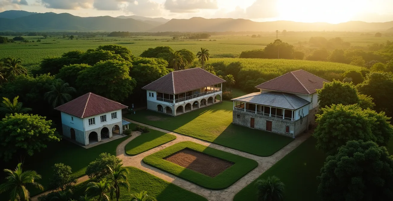 Vue aérienne d'une habitation sucrière traditionnelle avec ses différents bâtiments