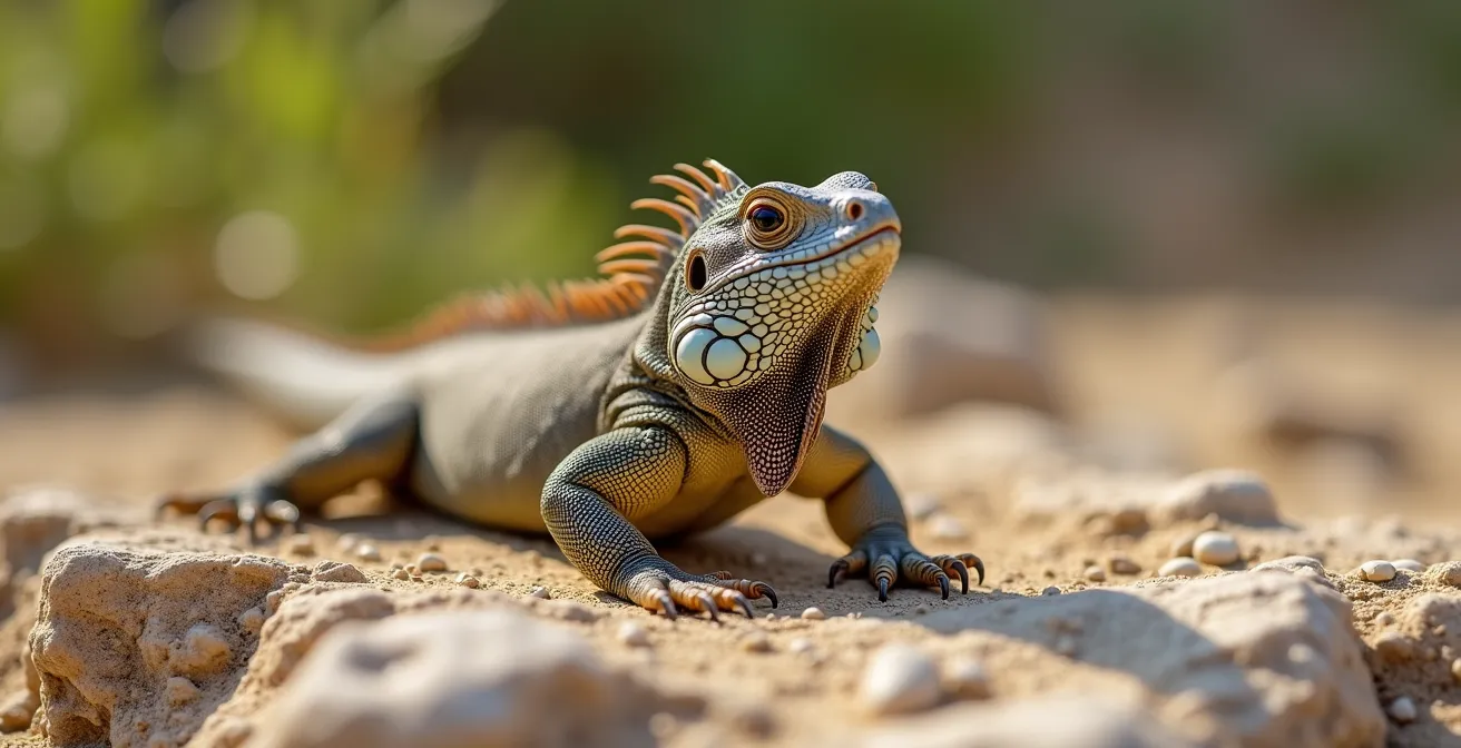 Iguane des Petites Antilles sur un rocher calcaire dans son environnement naturel