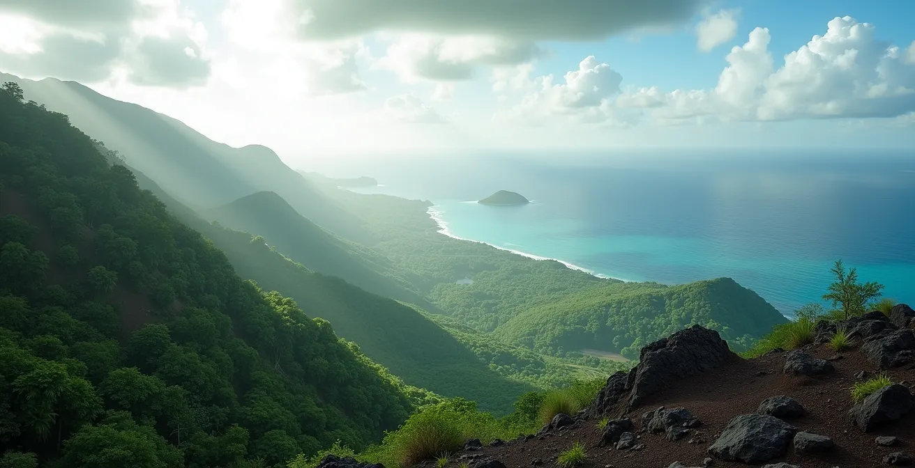 Vue panoramique depuis le sommet de la Soufrière montrant la végétation luxuriante et les îles environnantes sous un ciel parsemé de nuages