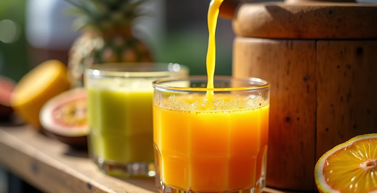 Stand de jus de fruits frais avec mangues, maracudjas et goyaves sur un marché antillais