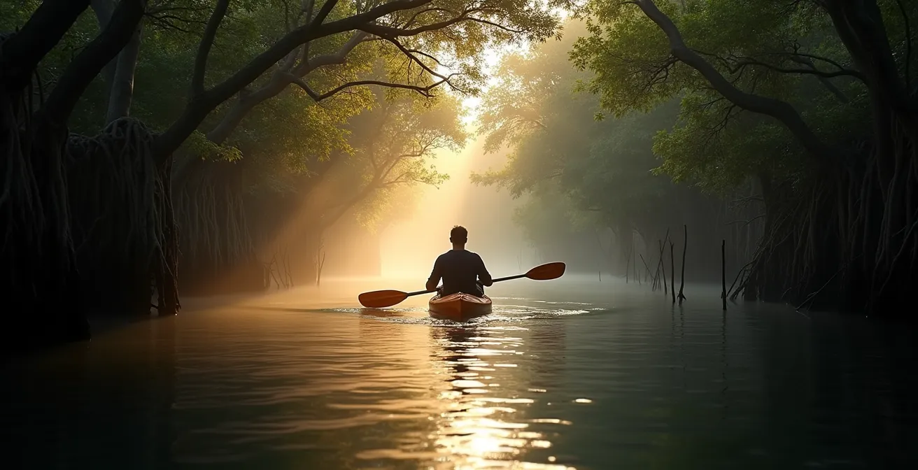 Kayakiste glissant silencieusement entre les racines de palétuviers avec héron en premier plan