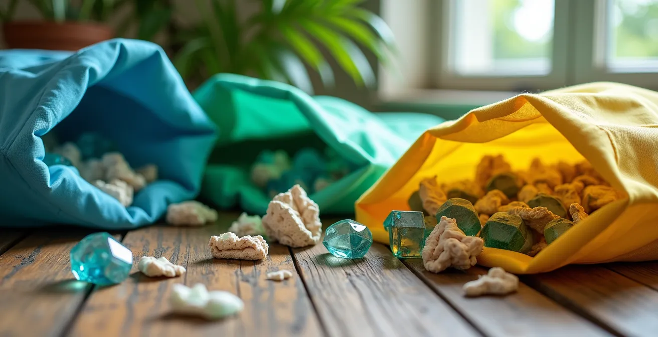 Trois sacs réutilisables colorés posés sur une table en bois tropical avec des matériaux recyclables triés