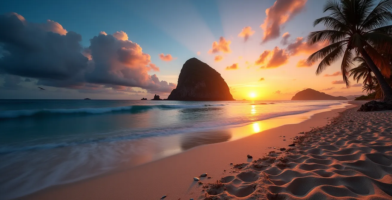 Vue panoramique du lever de soleil sur la plage du Pain de Sucre aux Saintes