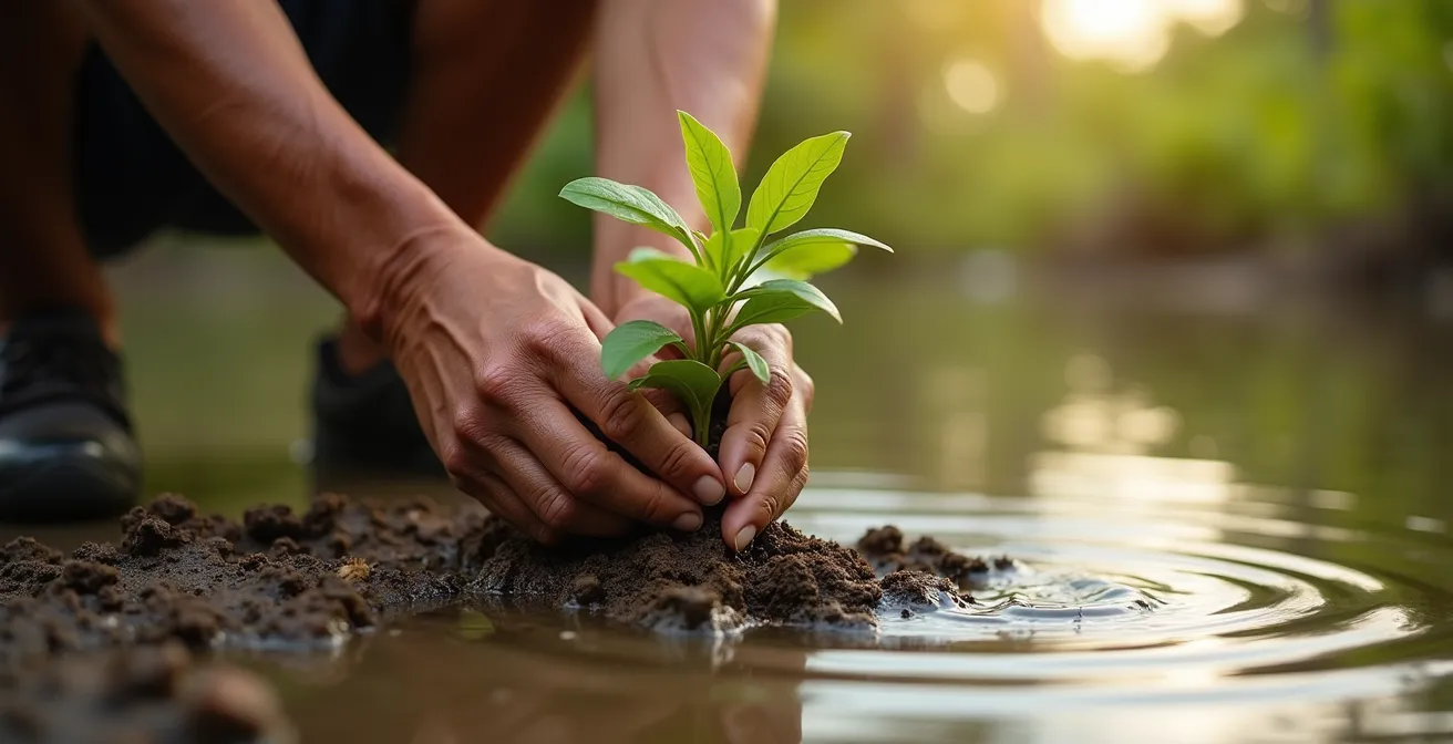 Racines entrelacées de palétuviers dans l'eau cristalline avec jeu de lumière dorée