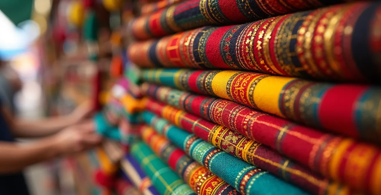 Étal coloré du marché de Pointe-à-Pitre avec tissus madras et accessoires de carnaval