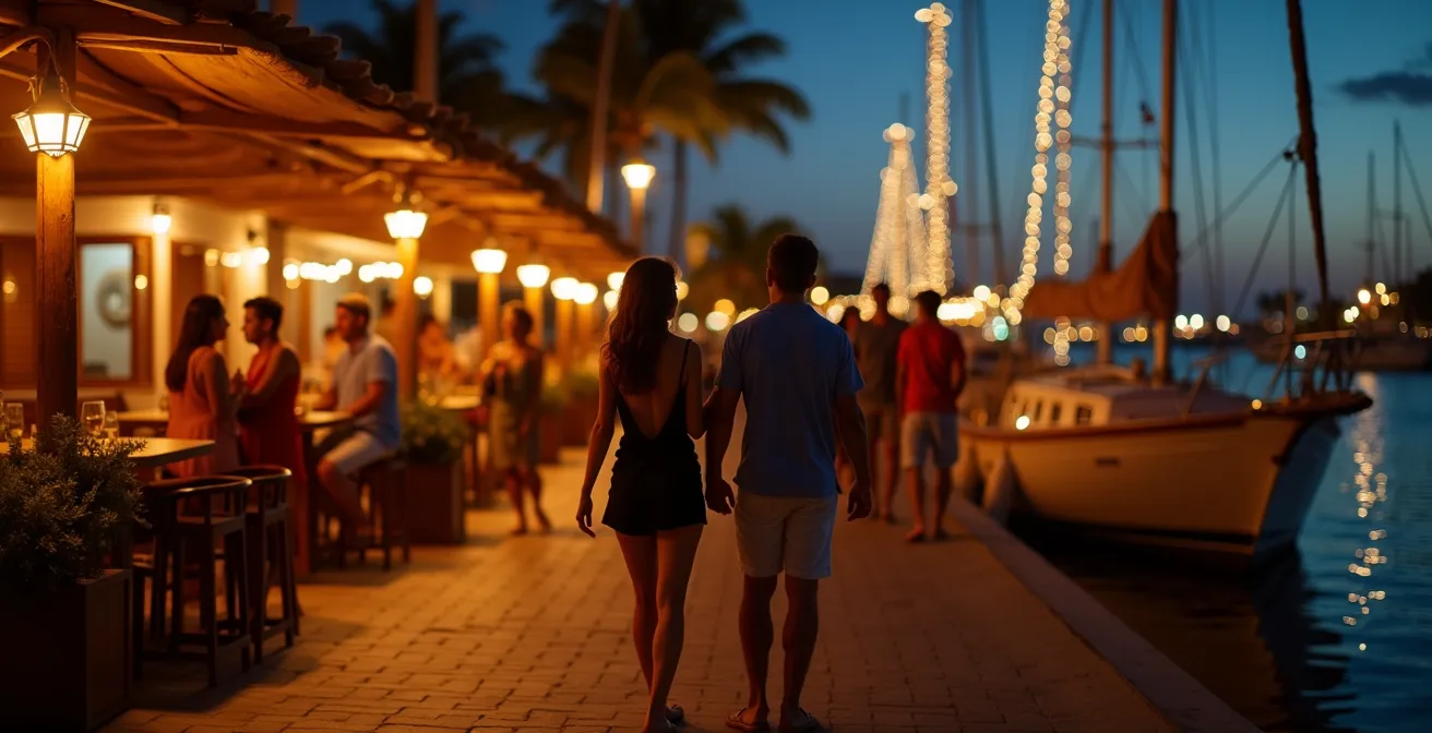 Vue nocturne de la marina du Gosier éclairée avec promeneurs