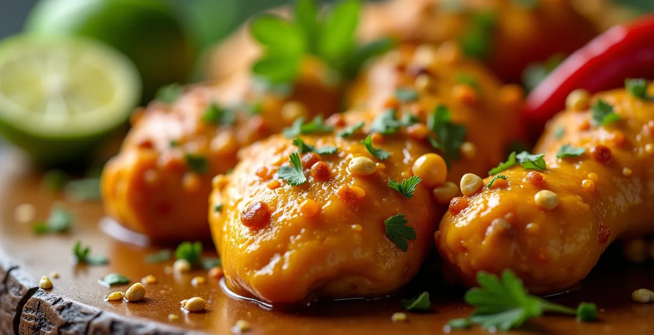 Morceaux de poulet marinant dans un mélange d'épices colombo avec citron vert et aromates frais