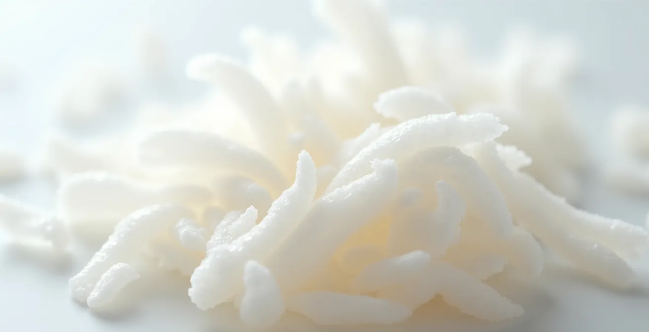 Morue dessalée émiettée avec ses fibres blanches nacrées visibles en gros plan