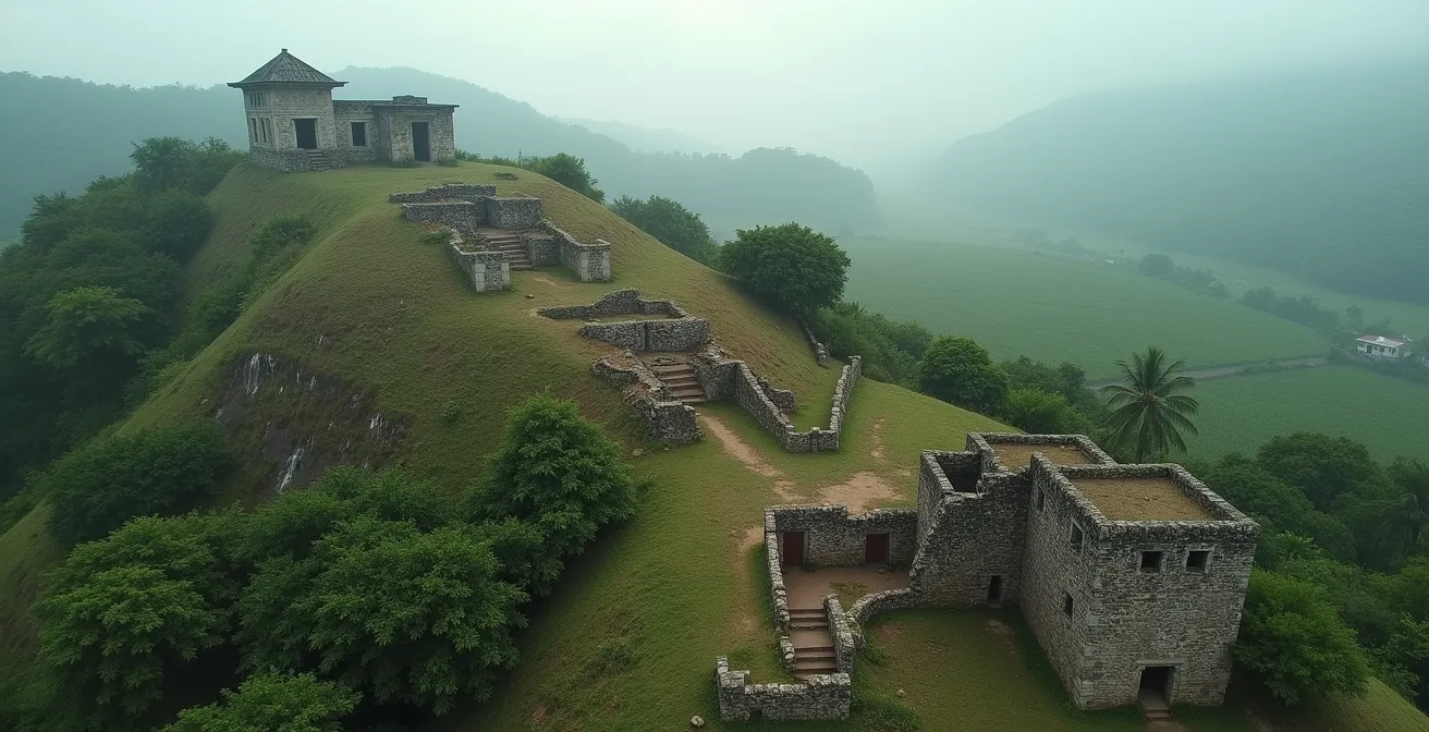 Vue aérienne d'une habitation sucrière traditionnelle montrant la disposition hiérarchique des bâtiments