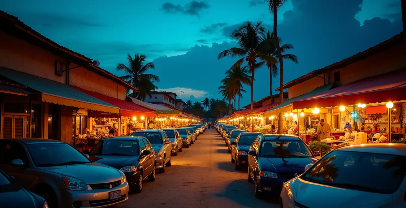 Vue aérienne du marché du Moule au crépuscule avec les voitures stationnées