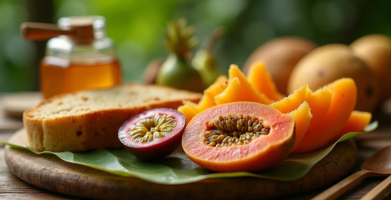 Table de petit-déjeuner avec produits locaux guadeloupéens dans un cadre naturel