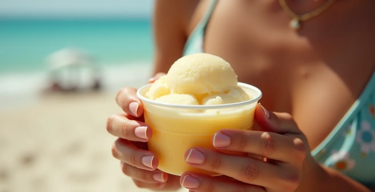 Gros plan sur un sorbet coco en train de fondre dans un gobelet sous le soleil tropical, symbolisant l'urgence de la dégustation.