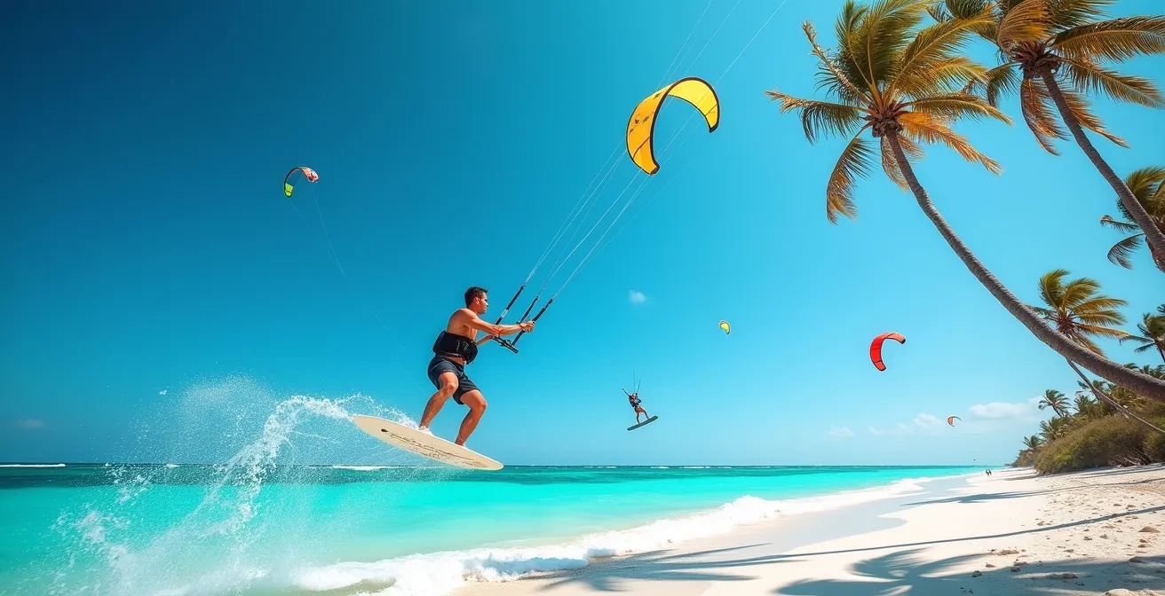Kitesurfeurs évoluant sur les eaux turquoise de la plage de la Feuillère avec cocotiers penchés par le vent